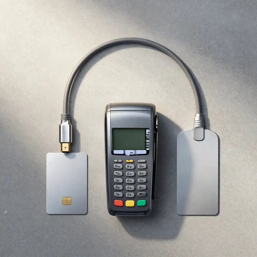 Overhead flatlay of a payment terminal, chip card, and cable coil on concrete.