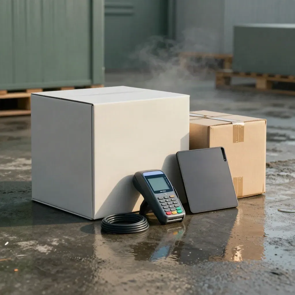 Commerce launch kit on wet concrete at dawn with box, terminal, carton, tablet, and cable.