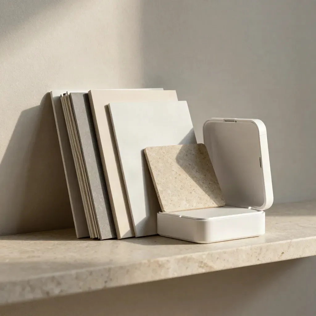 Modular launch blocks, shell case, and swatch tiles on a pale shelf.