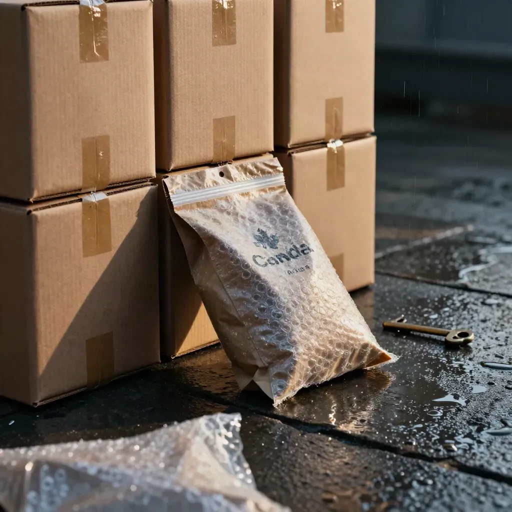 Parcel boxes, tags, bubble wrap and a shipping pouch on wet stone with dramatic shadows.
