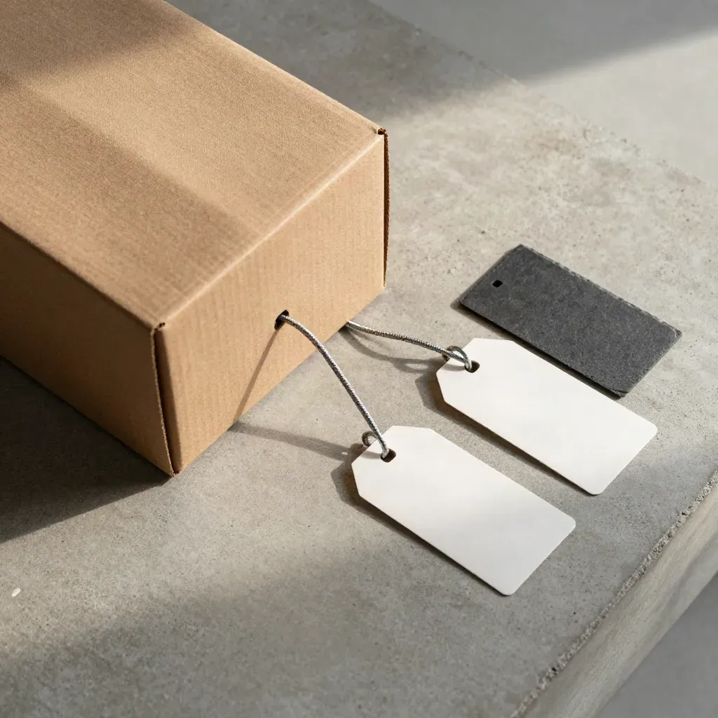 Warehouse tote and retail box linked by a silver cable loop, overhead on concrete