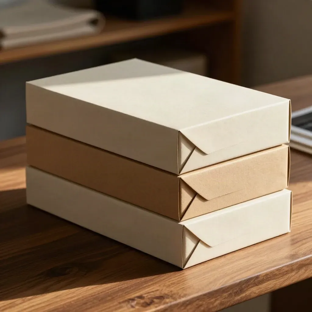 Unbranded product boxes and sample pieces on a warm walnut bench in soft studio light.
