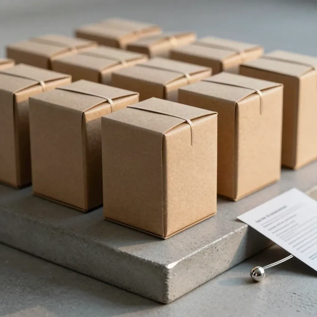 Macro of repeating subscription boxes and looped elastics on concrete, premium commerce studio.